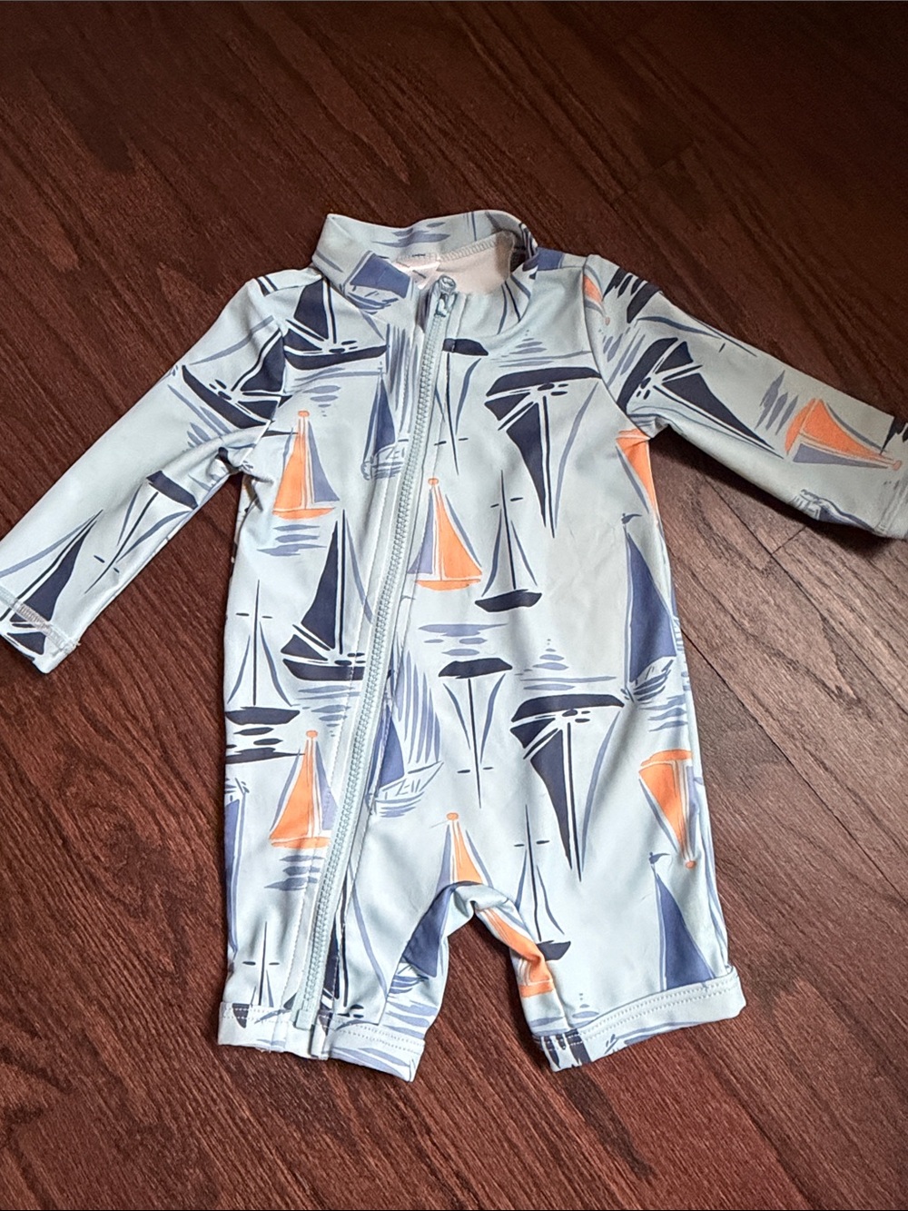 Long-Sleeve Kids Sailboat Rashguard Swimsuit - Light Blue, Navy & Orange